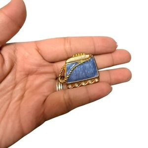 VTG Handbag Brooch Blue Enamel Gold Tone Rhinestone Purse Pin Novelty Jewelry